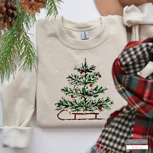 Christmas Sleigh Sweatshirt~Womens Christmas Sweatshirt, Christmas Sweater Winter Crewneck Christmas Tree Sweatshirt Holiday Sweaters Women