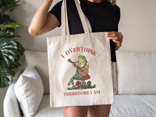 I Overthink Therefore I Am, Retro Frog Tote Bag, Forestcore, Funny Frog Tote, Weirdcore, Cursed Tote, Oddly Specific, Weird, Vintage Animal