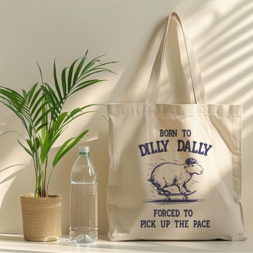 Born To Dilly Dally Tote Bag Funny Capybara Retro Vintage Cotton Canvas Bag Gift For Capybara Lover Funny Meme Silly Cute Weirdcore Gift