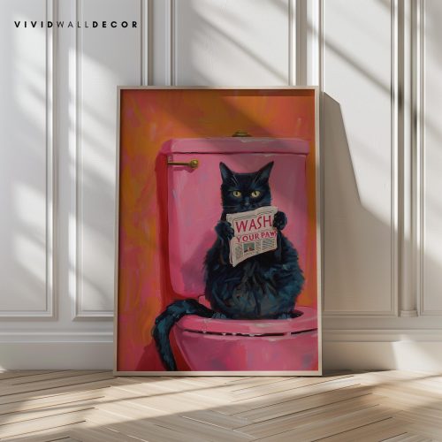 Wash Your Paws Funny Cat Art Black Cat Bathroom Decor