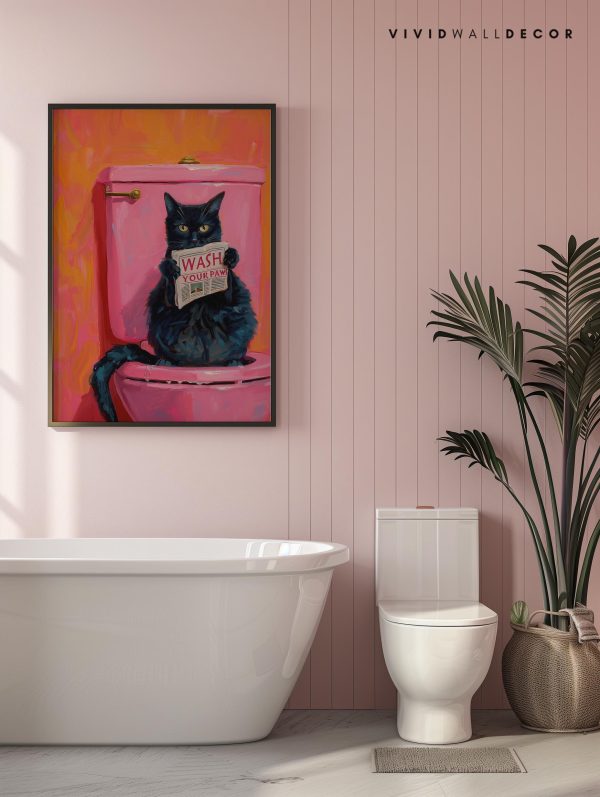 Wash Your Paws Funny Cat Art Black Cat Bathroom Decor