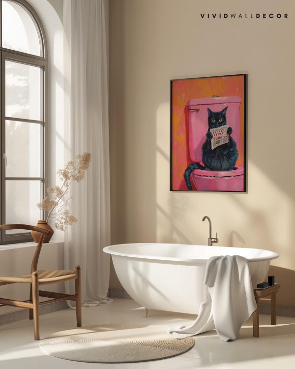 Wash Your Paws Funny Cat Art Black Cat Bathroom Decor