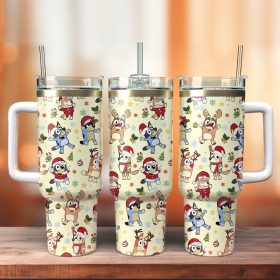 Bluey Cartoon Christmas Custom Stanley Quencher 40Oz Stainless Steel Tumbler With Handle