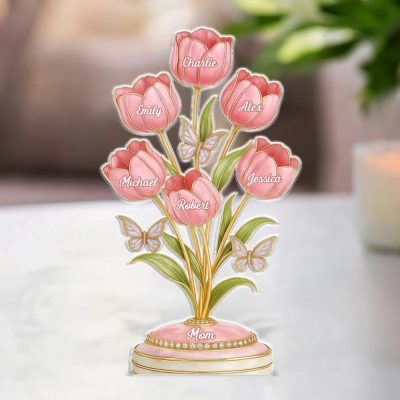 Her Love Makes Us Bloom - Family Custom Pink Tulip Flower Acrylic Plaque for Mom - Mother's Day, Gift For Mom, Grandma