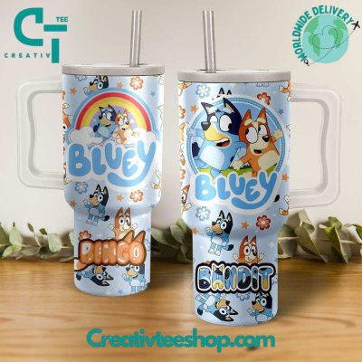 Bluey Cartoon Custom Stanley Quencher 40Oz Stainless Steel Tumbler With Handle