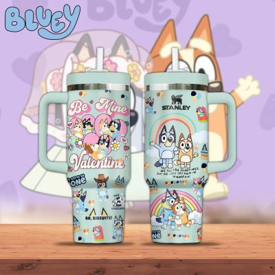 Bluey Cartoon Valentine Custom Stanley Quencher 40Oz Stainless Steel Tumbler With Handle