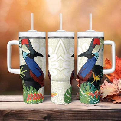 Cassowary Australia Tropical Flowers Mix Aboriginal Art Custom Stanley Quencher 40Oz Stainless Steel Tumbler With Handle