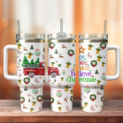 Christmas Red Trucks Trees Custom Stanley Quencher 40Oz Stainless Steel Tumbler With Handle