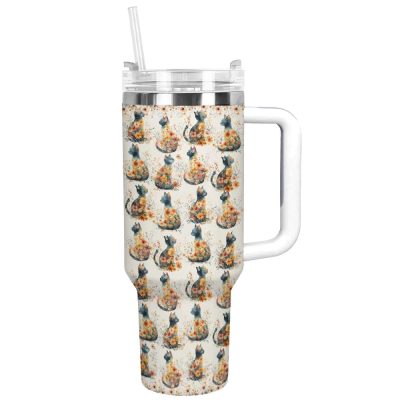 Floral Feline Cat Custom Stanley Quencher 40Oz Stainless Steel Tumbler With Handle