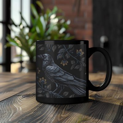 Black Mug Medieval Floral Blue Crow - Blue Gothic Raven Coffee Cup, Bird Lover Gift, Gothic Home Decor, Tea Mug, Medieval Gift