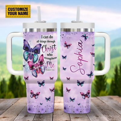 Jesus God Butterflies Custom Stanley Quencher 40Oz Stainless Steel Tumbler With Handle