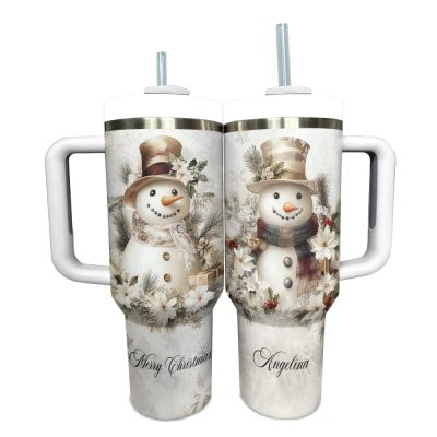 Pesonalized Yellow Snowman Christmas Custom Stanley Quencher 40Oz Stainless Steel Tumbler With Handle