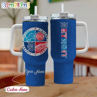 Rhinestone Bling Detroit Sport Logo Team Custom Stanley Quencher 40Oz Stainless Steel Tumbler With Handle