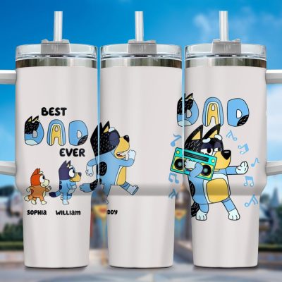 The Family Bluey Cartoon Custom Stanley Quencher 40Oz Stainless Steel Tumbler With Handle