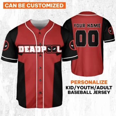 Personalize Deadpool Suit Red Black, Custom Name Superhero Sport Jersey Birthday Gift, Hero Characters Jersey, Comic Movie Shirt