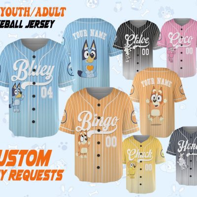 Custom Name Character Bluey Jersey Shirt, Custom Bluey Baseball Jersey, Bluey Jersey Shirt, Shirt For Men