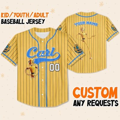 Personalize Carl Jersey Yellow Blue, Meet The Robinsons Disneyland Family Jersey, Baseball Jersey Team, Birthday Gift For Fans