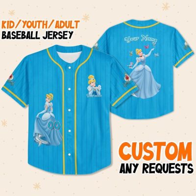 Personalize Princess Cinderella Blue Yellow, Custom Name Kid Birthday Gift, Disneyland Family Trip Outfit, Disney Princess Baseball Jersey