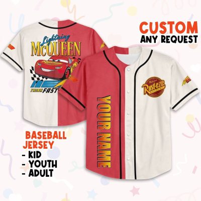 Personalize Cars Lightning Mcqueen Think Fast 95, Custom Text Baseball Jersey, Gift For Kids, Disney Birthday Gift, Gift For Baseball Fans