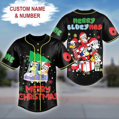 Blueey Merry Christmas Baseball Jersey, Merry Blueeymas 3D Shirt, Blue Dog Christmas Jersey, Christmas Season Vibes