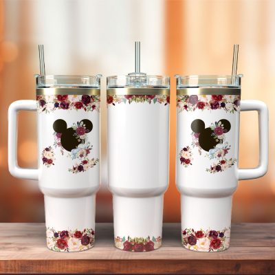 Mickey And Flower Art Custom Stanley Quencher 40Oz Stainless Steel Tumbler With Handle