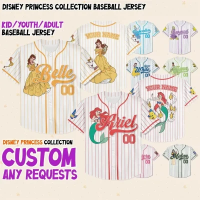 Custom Disney Princess Simple Collection, Custom Name Disney Game Day Kid Adult Jersey, Gift For Baseball Fan, Disney Princess Matching Gift