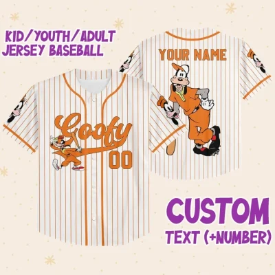 Personalize Disney Goofy Play Baseball Orange, Custom Kids Youth Adult Disney Jersey, Goofy Jersey, Baseball Jersey, Gift For Disney Fans