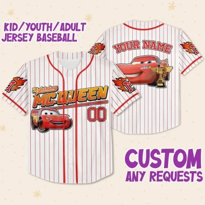 Custom Mcqueen Car Red, Lightning Mcqueen Jersey, Custom Text Baseball Jersey, Gift For Kids, Disney Birthday Gift, Gift For Baseball Fans