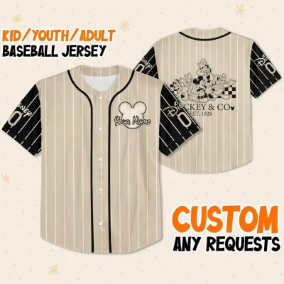 Personalize Vintage Mickey & Co 1928, Custom Name Disney Kid Adult Toddler Jersey, Gift For Baseball Fans, Mickey And Friends Jersey Gifts