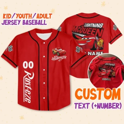 Personalize Lightning Mcqueen Speed Red Dark Custom Kids, Youth, Adult Disney Baseball Jersey Sports Cute Gifts For Fans Disney