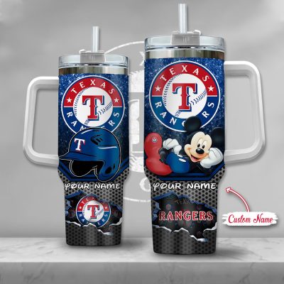 Mlb Texas Rangers Mickey Mouse Custom Stanley Quencher 40Oz Stainless Steel Tumbler With Handle