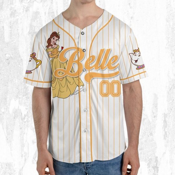 Custom Disney Princess Belle Beauty And The Beast Jersey, Disney Baseball Jersey Sports Outfits Cute Gifts For Fans Disney