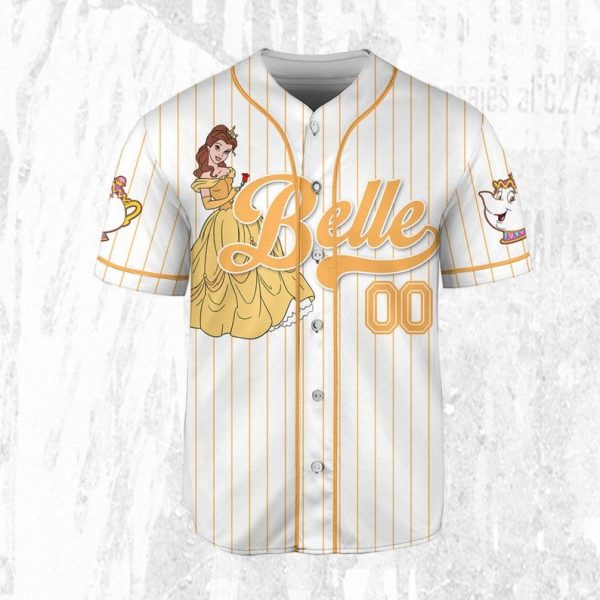 Custom Disney Princess Belle Beauty And The Beast Jersey, Disney Baseball Jersey Sports Outfits Cute Gifts For Fans Disney