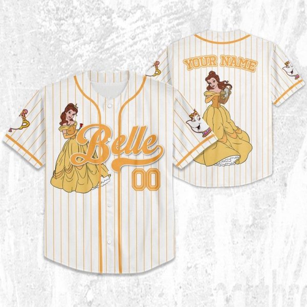 Custom Disney Princess Belle Beauty And The Beast Jersey, Disney Baseball Jersey Sports Outfits Cute Gifts For Fans Disney