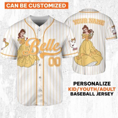 Custom Disney Princess Belle Beauty And The Beast Jersey, Disney Baseball Jersey Sports Outfits Cute Gifts For Fans Disney
