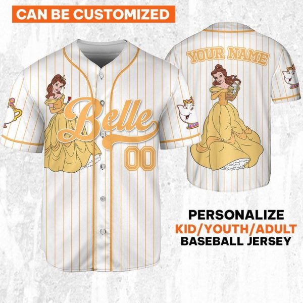 Custom Disney Princess Belle Beauty And The Beast Jersey, Disney Baseball Jersey Sports Outfits Cute Gifts For Fans Disney