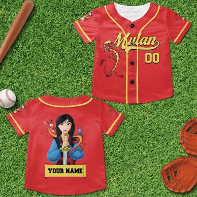 Personalize Mulan Red Yellow, Adult Disney Baseball Jersey Sports Outfits Cute Gifts For Fans Disney