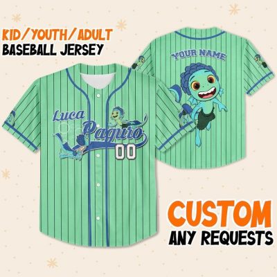 Personalize Luca Paguro Jersey Green Blue, Luca Paguro, Alberto, Gulia, Disney Movie Characters, Disney Jersey, Luca Kids Jersey