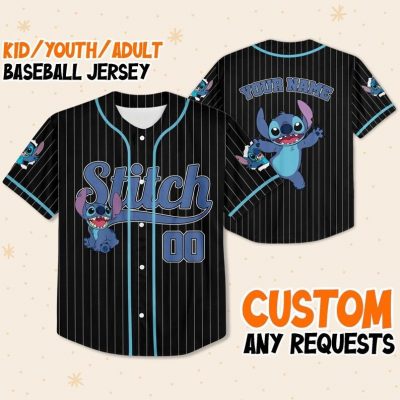 Personalize Disney Stitch Happy Striped Black, Custom Kid Youth Adult Disney Jersey, Disney Baseball Jersey, Stitch Birthday Gift Stitch Fan