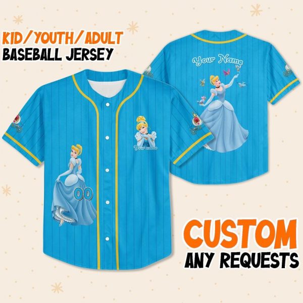 Personalize Princess Cinderella Blue Yellow, Custom Name Kid Birthday Gift, Disneyland Family Trip Outfit, Disney Princess Baseball Jersey