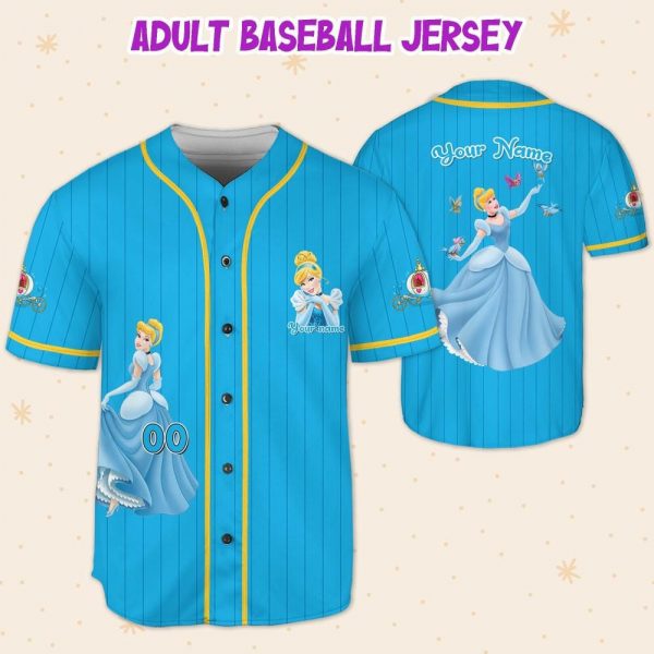 Personalize Princess Cinderella Blue Yellow, Custom Name Kid Birthday Gift, Disneyland Family Trip Outfit, Disney Princess Baseball Jersey