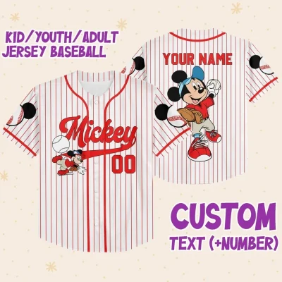 Personalize Disney Mickey Play Baseball Red Custom Kid Youth Adult Disney Jersey, Baseball Jersey, Mickey Mouse Jersey, Gift For Disney Fans