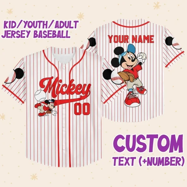 Personalize Disney Mickey Play Baseball Red Custom Kid Youth Adult Disney Jersey, Baseball Jersey, Mickey Mouse Jersey, Gift For Disney Fans