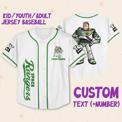 Personalize Buzz Lightyear Space Buzz Green White Dark Custom Kids, Youth, Adult 3D Disney Baseball Jersey Outfits Cute Gift For Fans Disney
