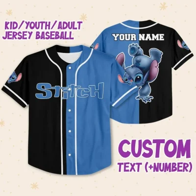 Personalize Stitch Black Blue Horizontal Text Custom Kids, Youth, Adult Disney Baseball Jersey Sports Cute Gifts For Fans Disney
