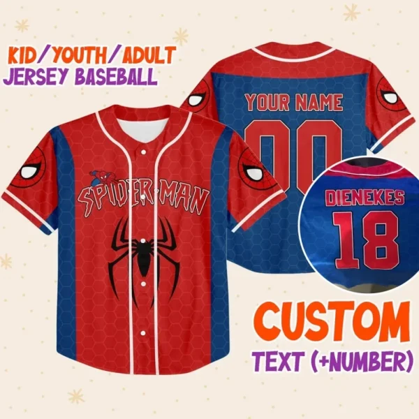 Personalize Disney Spider Man Blue And Red, Custom Kid Youth Adult Disney Jersey Spider Man Jersey, Baseball Jersey, Gift For Disney Fans