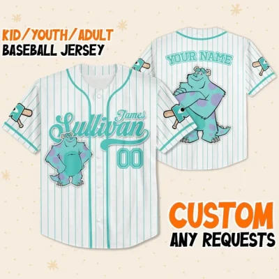 Custom Disney Monster Inc James Sullivan Baseball, Custom Kids Youth Adult Disney Baseball Jersey Sports Gift For Fan Disney Family Matching