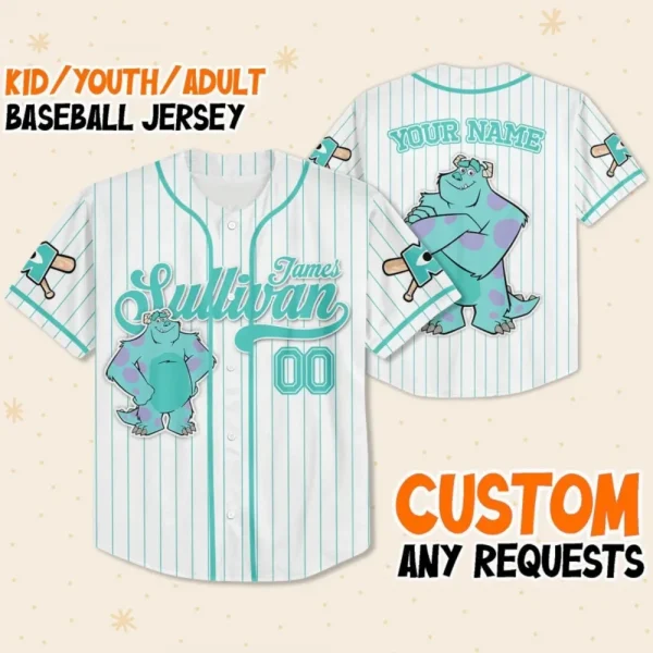 Custom Disney Monster Inc James Sullivan Baseball, Custom Kids Youth Adult Disney Baseball Jersey Sports Gift For Fan Disney Family Matching