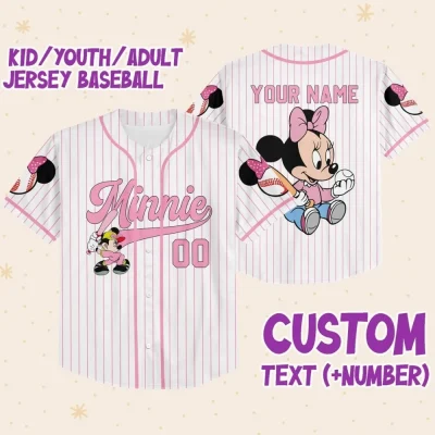 Personalize Disney Minnie Play Baseball Pink, Custom Kid Youth Adult Disney Jersey, Minnie Mouse Jersey Baseball Jersey Gift For Disney Fans