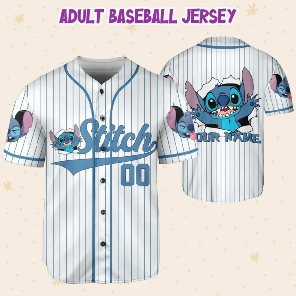 Personalize Disney Stitch Blue, Custom Kid Youth Adult Disney Jersey, Disney Baseball Jersey, Gifts For Disney Fans, Cute Stick Jersey